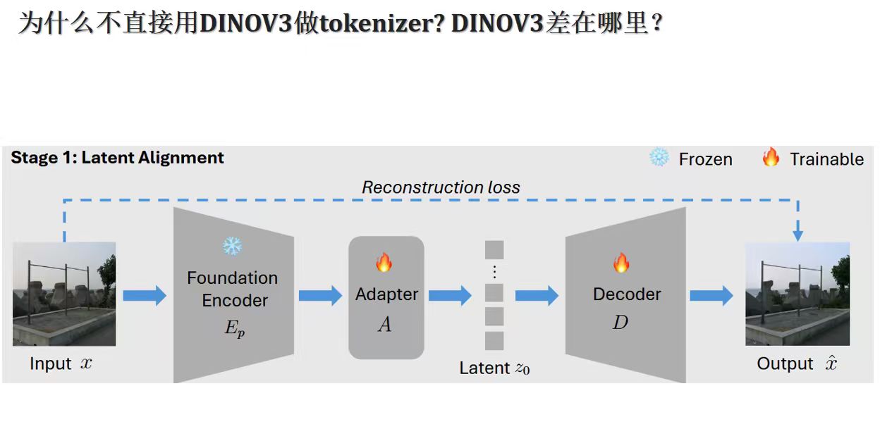 直接用 VFM 做 tokenizer 的架构设计（Stage 1: Latent Alignment）